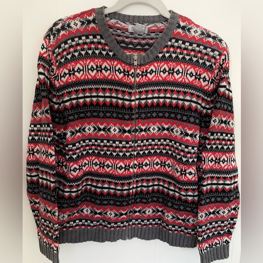 SKYR Fair Isle Cardigan Red Gray Size L